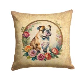 English Bulldog and Flowers Throw Pillow Machine Washable, Indoor Outdoor Decorative Pillow for Couch, Bed or Patio, 14Hx14W