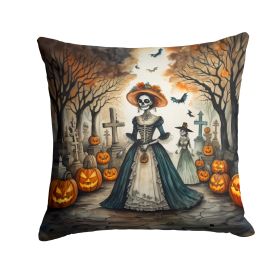 La Catrina Skeleton Spooky Halloween Throw Pillow Machine Washable, Indoor Outdoor Decorative Pillow for Couch, Bed or Patio, 14Hx14W