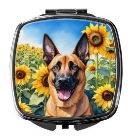 Belgian Malinois in Sunflowers Compact Mirror Decorative Travel Makeup Mirror for Women Girls Gifts Pocket Makeup Mirror Folding Handheld
